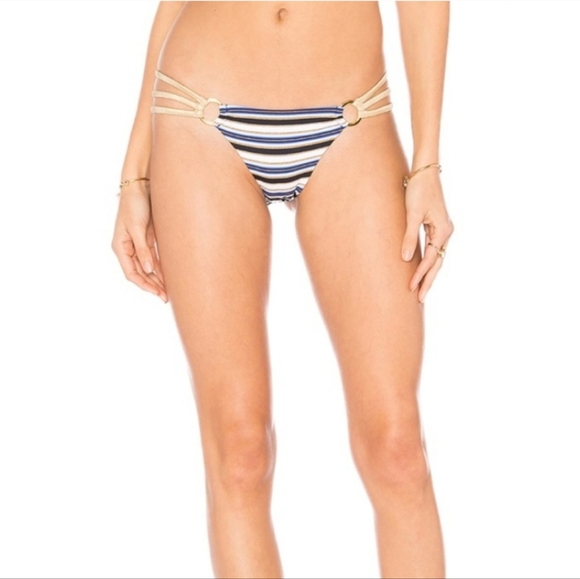 NWT Beach Bunny Out of Line Stripe Blue Gold Strappy Reversible Bikini Bottoms L - Picture 3 of 7